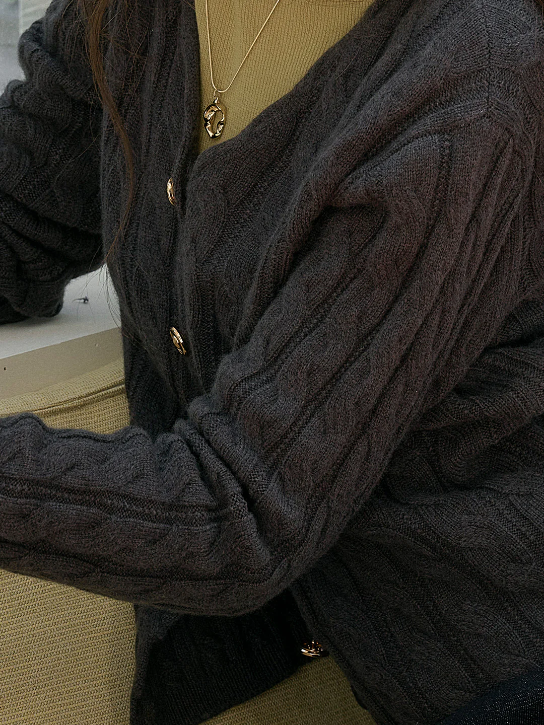 Versatile V-Neck 100% Wool Retro Cable-Knit Texture Sweater Cardigan