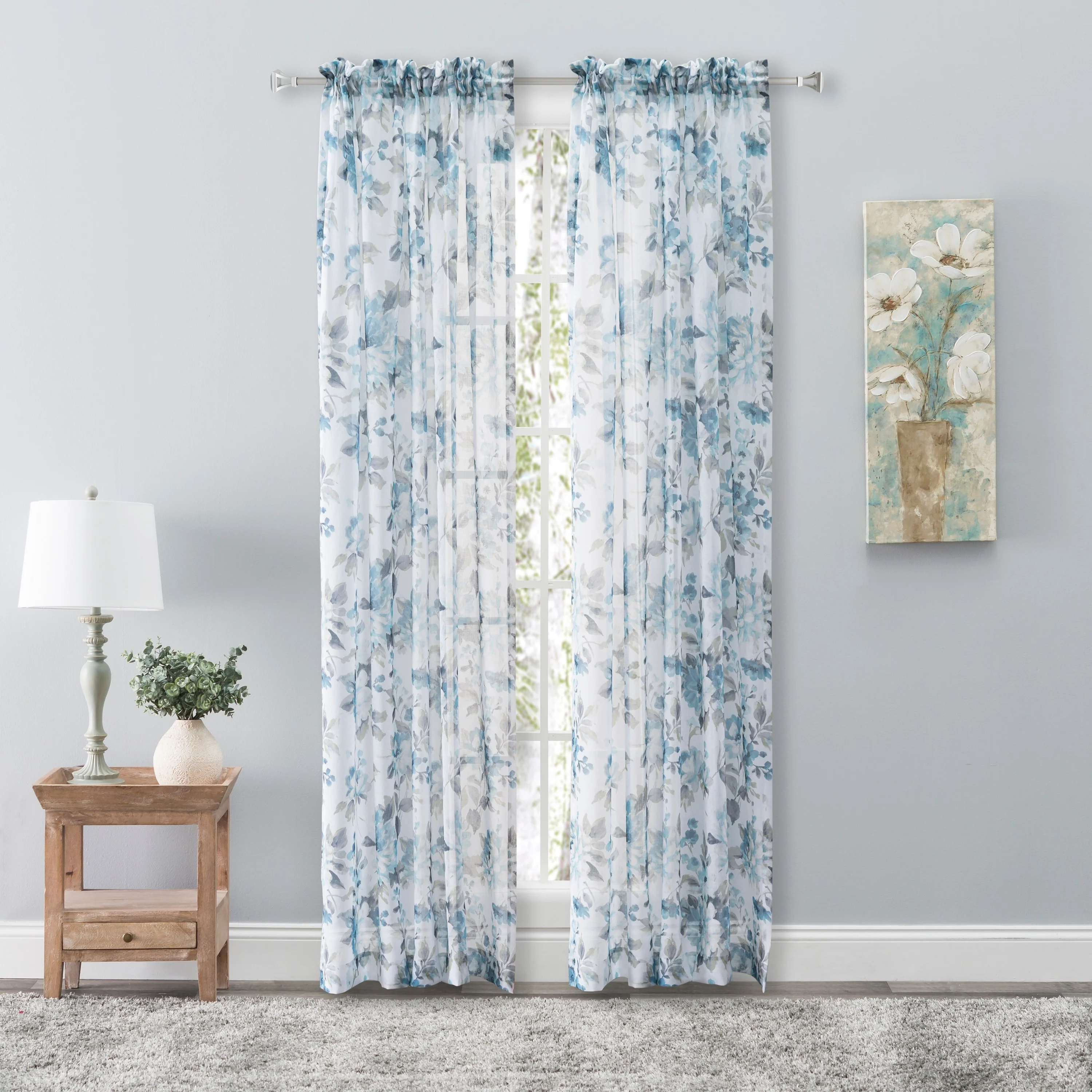 Whimsical Semi-Sheer Floral Rod Pocket Curtain Panel