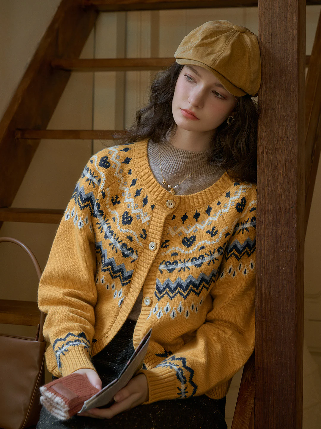 Rib Crew Neck  Exclusive Design Jacquard Fair Isle Cardigan