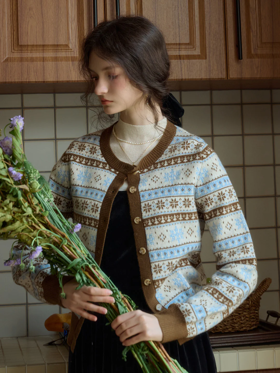 Exclusive Design Snowflake Jacquard Fair Isle Crew Neck Sweater Cardigan