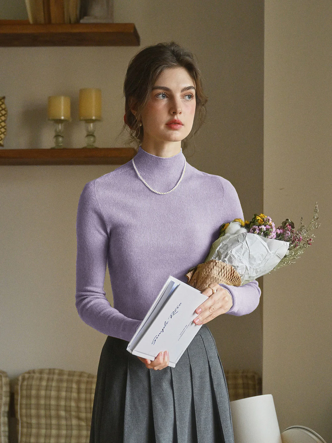 100% Wool Simple Mock Neck Slim Fit Sweater - Purple