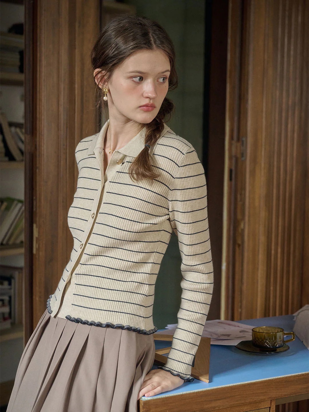 Classic Lapel Striped Knit Cardigan