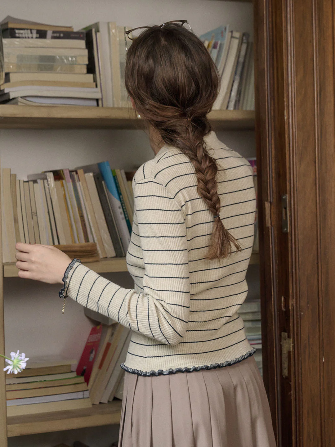 Classic Lapel Striped Knit Cardigan