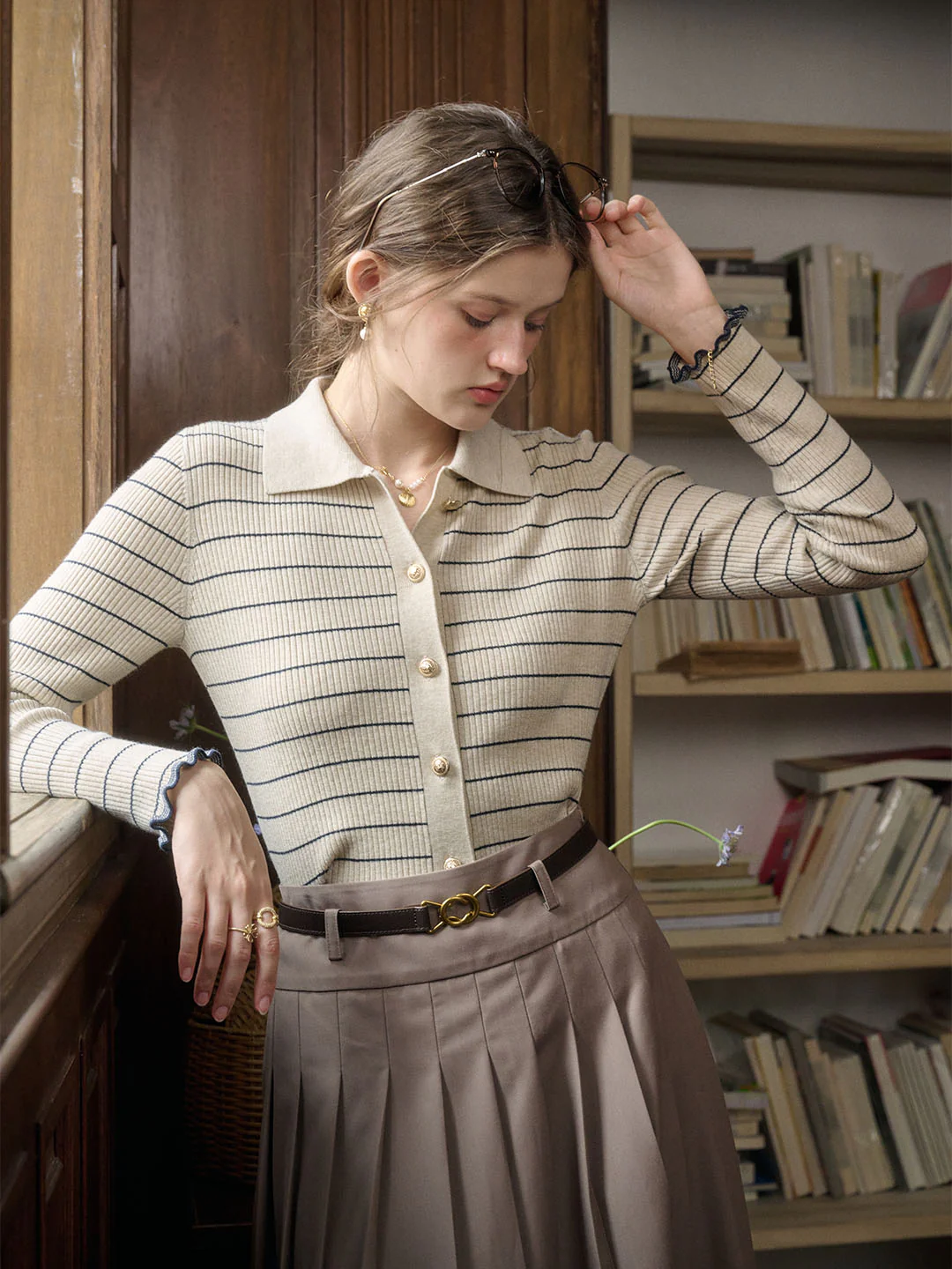 Classic Lapel Striped Knit Cardigan