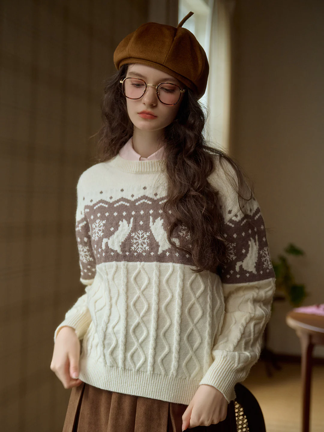 Exclusive Cat & Snowflake Jacquard Round Neck Fair Isle Sweater