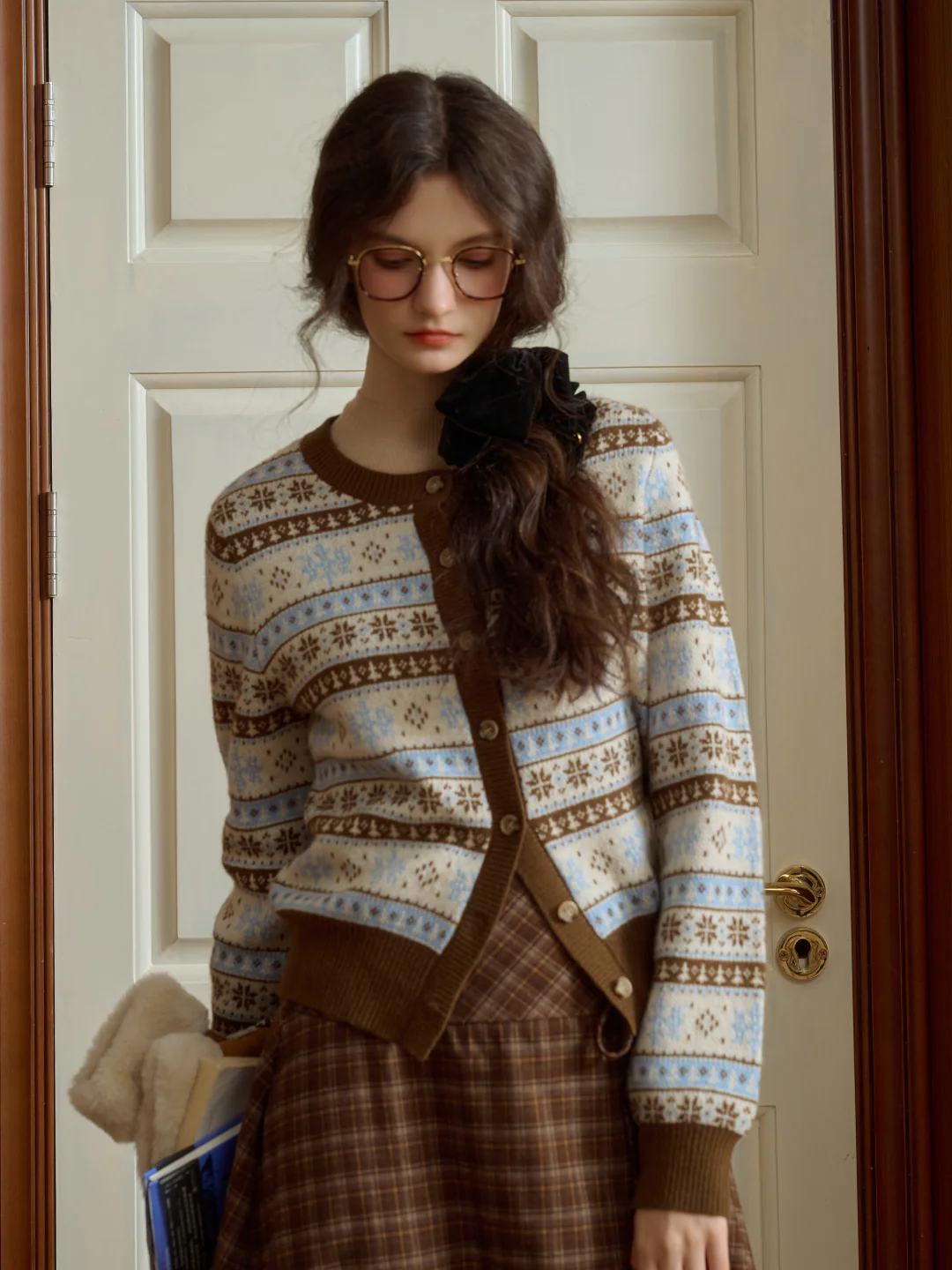 Exclusive Design Snowflake Jacquard Fair Isle Crew Neck Sweater Cardigan