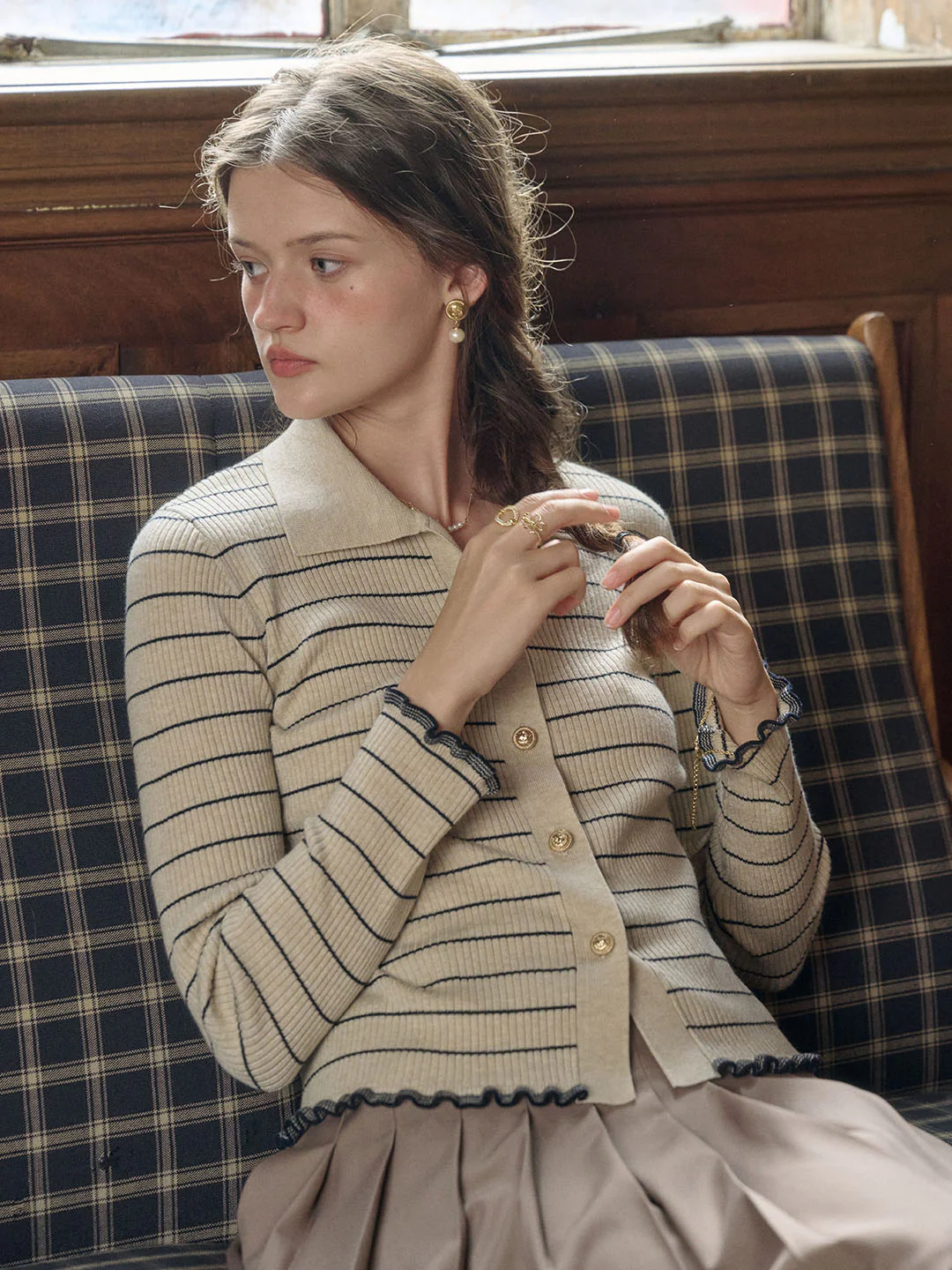 Classic Lapel Striped Knit Cardigan