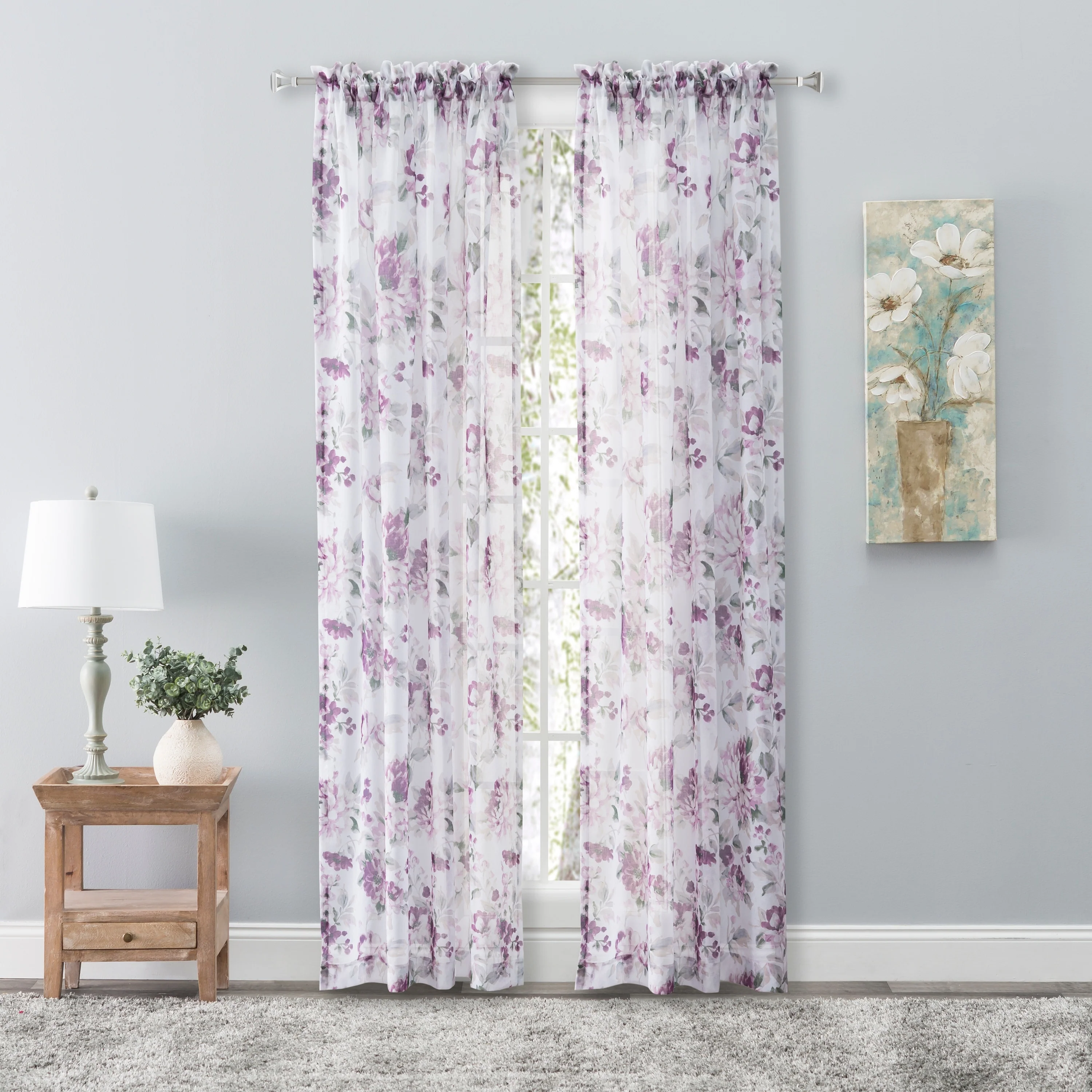 Whimsical Semi-Sheer Floral Rod Pocket Curtain Panel