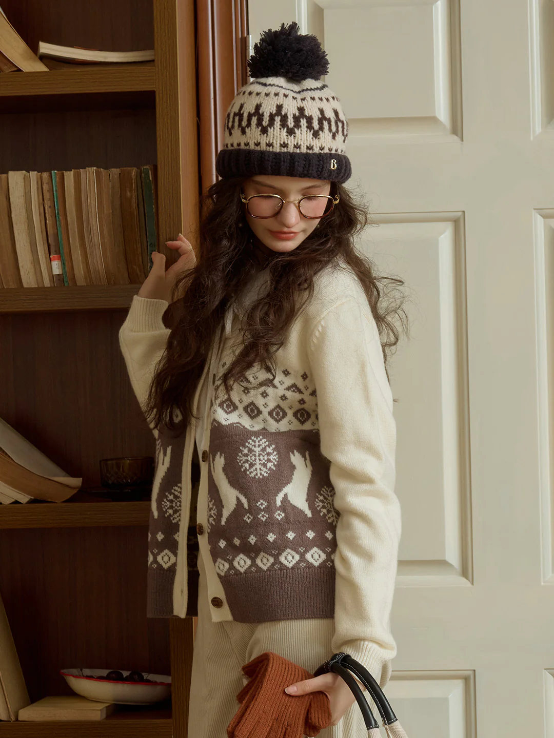 Exclusive Cat & Snowflake Jacquard Round Neck Fair Isle Cardigan (With Scarf)