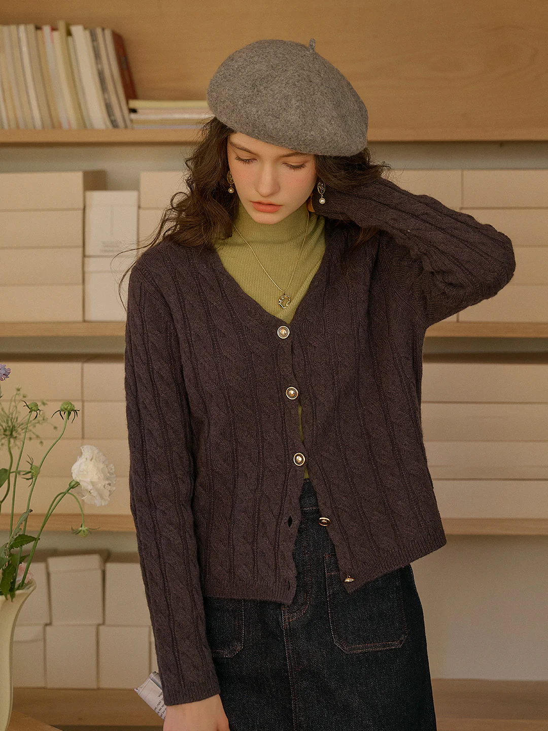 Versatile V-Neck 100% Wool Retro Cable-Knit Texture Sweater Cardigan