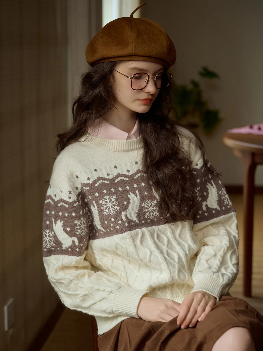 Exclusive Cat & Snowflake Jacquard Round Neck Fair Isle Sweater