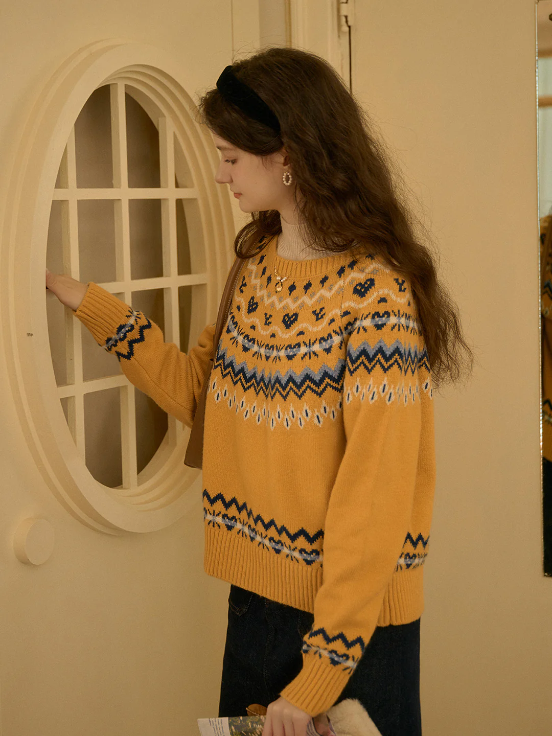 Rib Crew Neck  Exclusive Design Jacquard Fair Isle Sweater