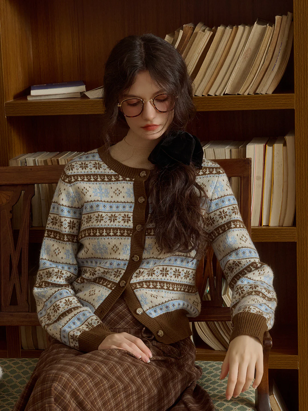 Exclusive Design Snowflake Jacquard Fair Isle Crew Neck Sweater Cardigan