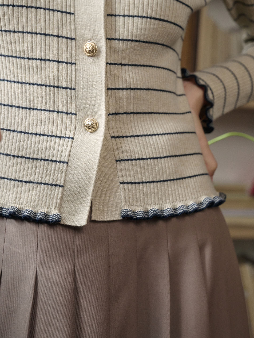 Classic Lapel Striped Knit Cardigan