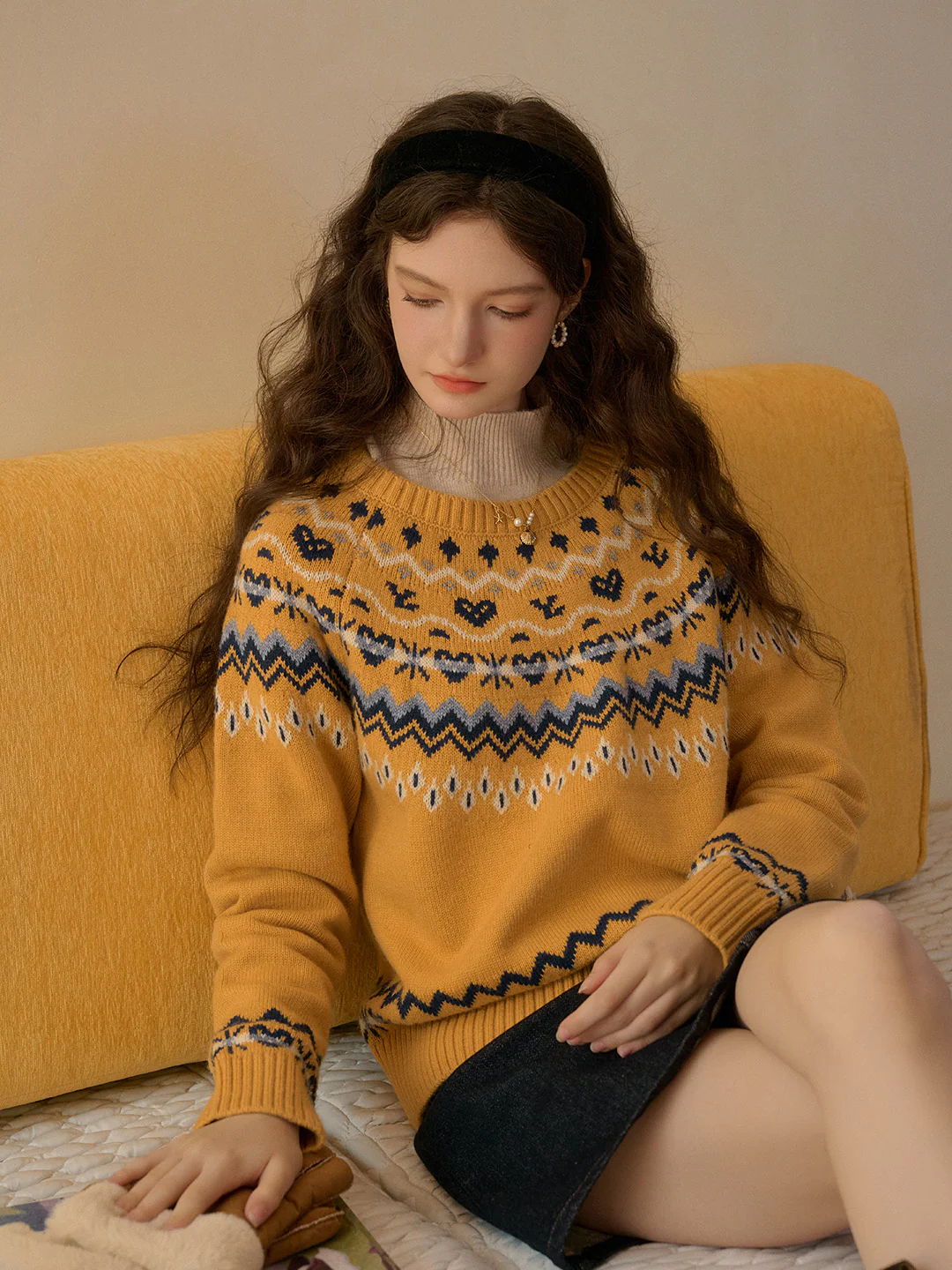 Rib Crew Neck  Exclusive Design Jacquard Fair Isle Sweater
