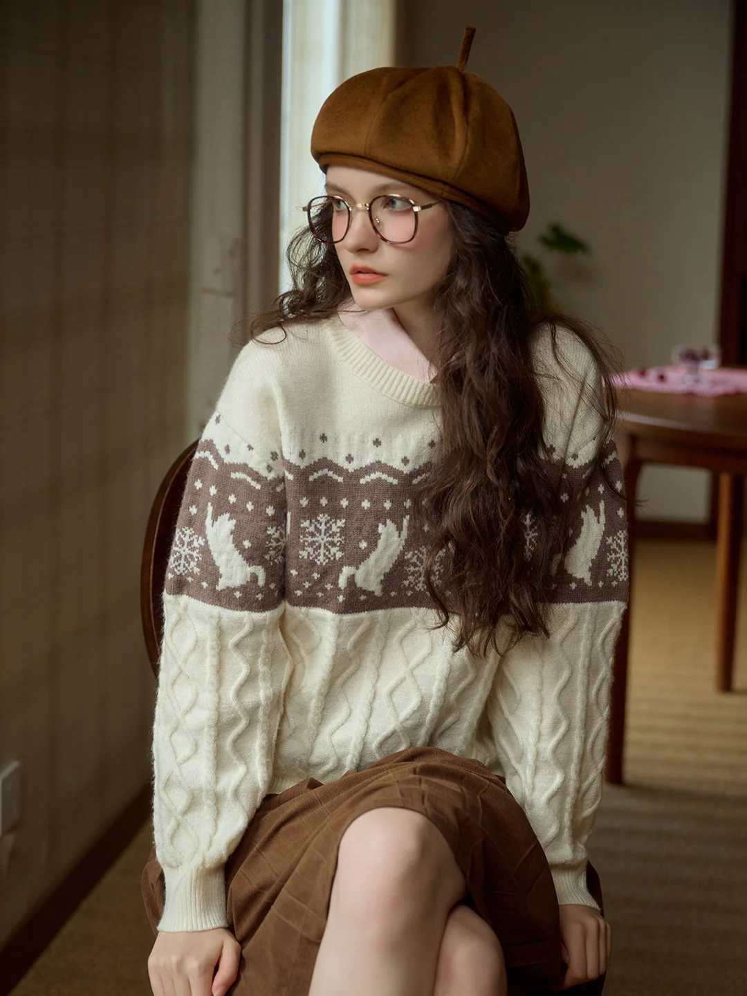 Exclusive Cat & Snowflake Jacquard Round Neck Fair Isle Sweater