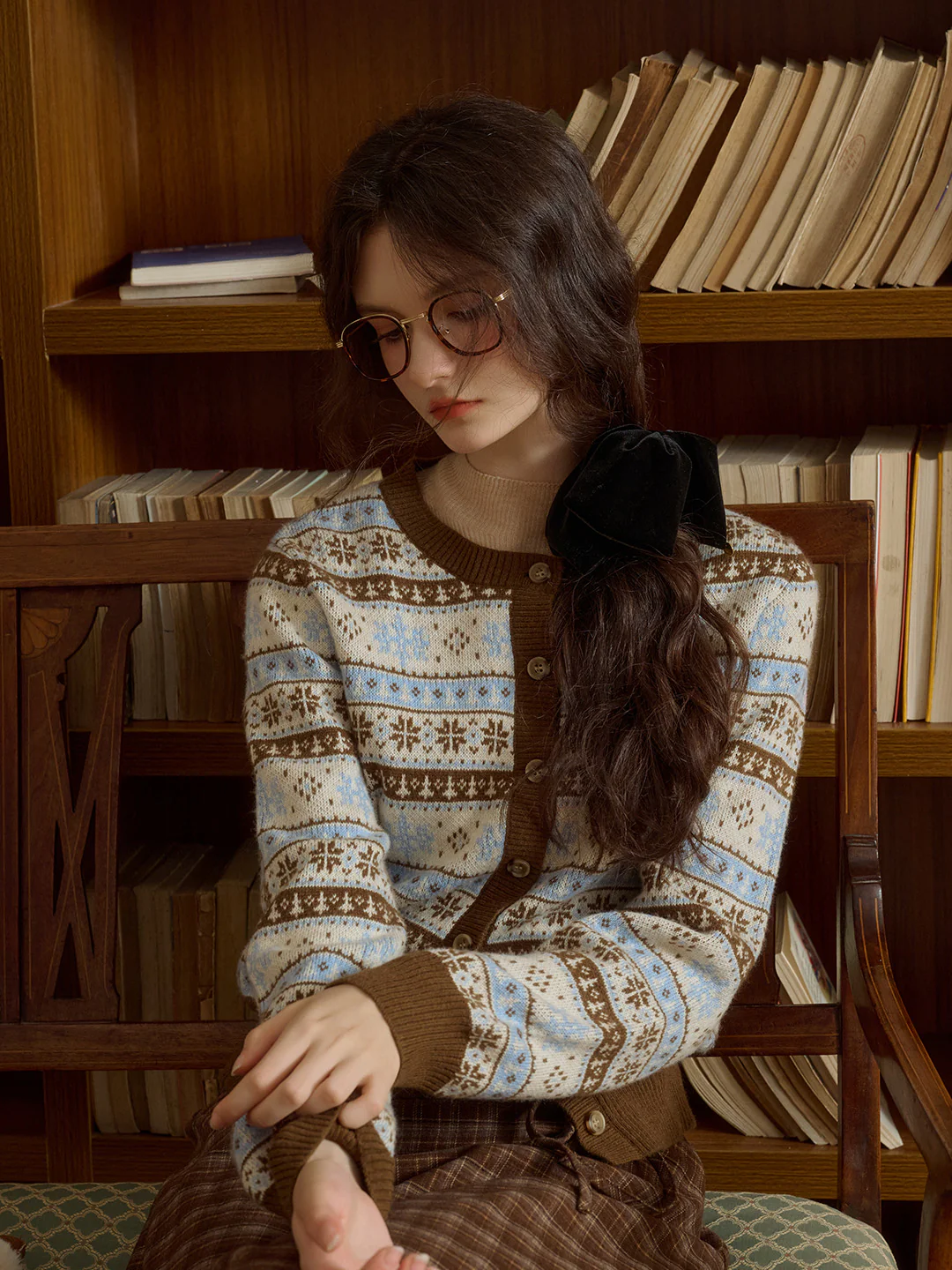 Exclusive Design Snowflake Jacquard Fair Isle Crew Neck Sweater Cardigan