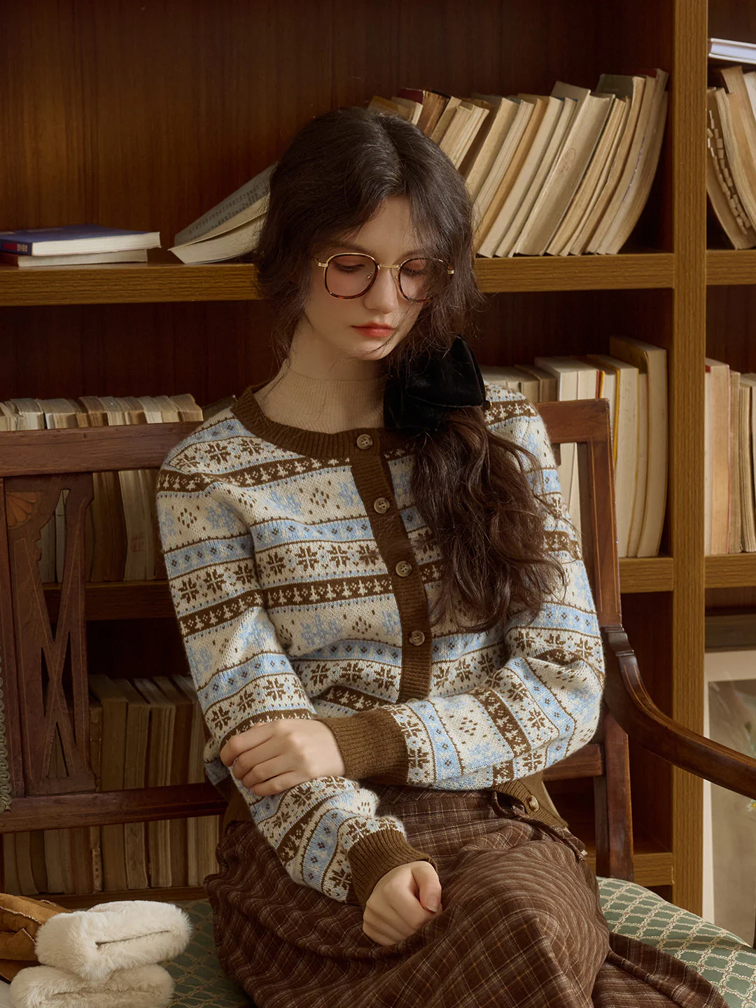 Exclusive Design Snowflake Jacquard Fair Isle Crew Neck Sweater Cardigan