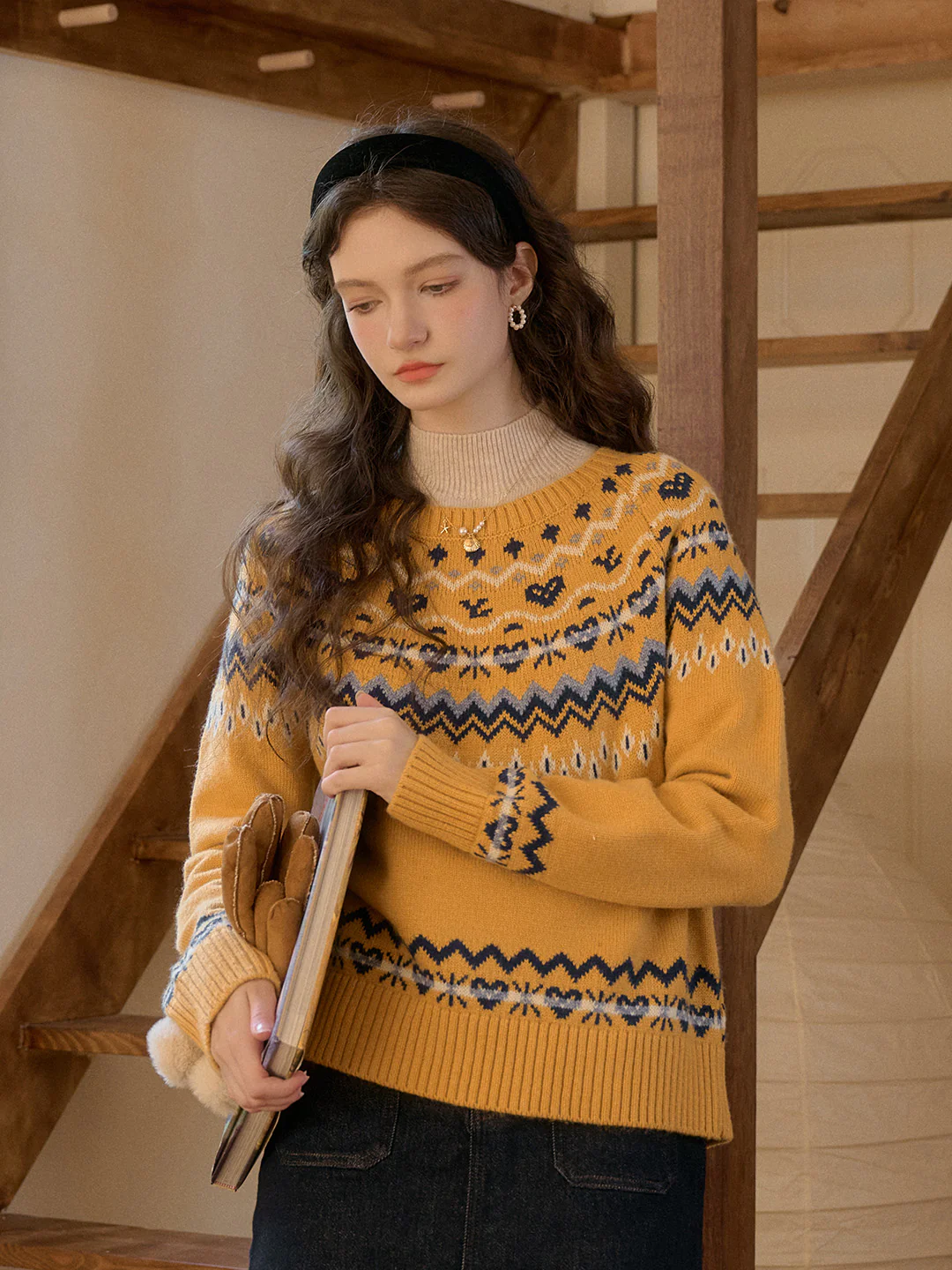 Rib Crew Neck  Exclusive Design Jacquard Fair Isle Sweater
