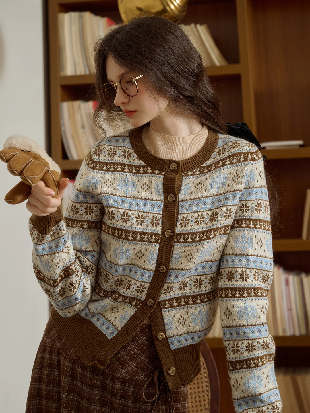Exclusive Design Snowflake Jacquard Fair Isle Crew Neck Sweater Cardigan