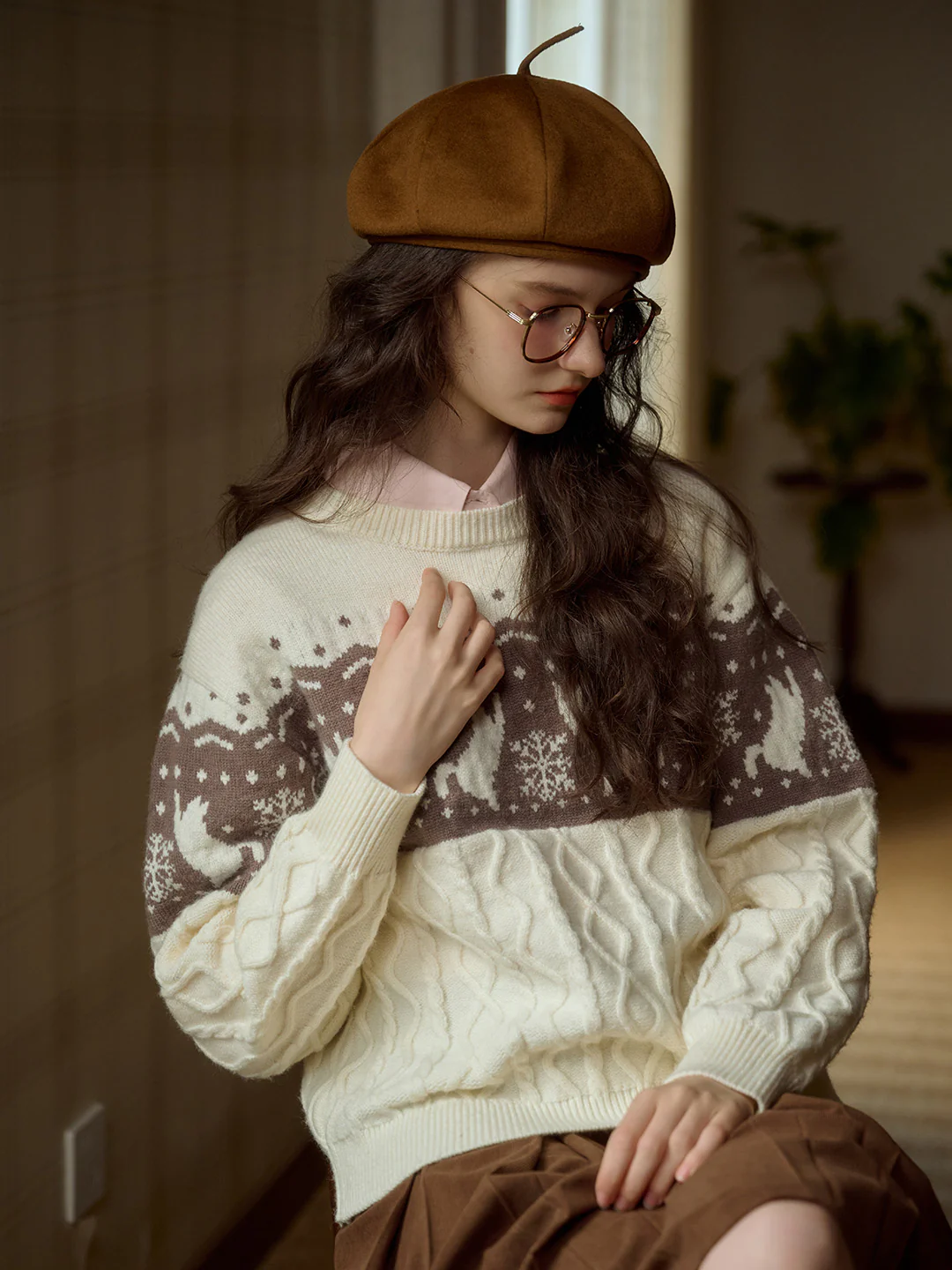 Exclusive Cat & Snowflake Jacquard Round Neck Fair Isle Sweater