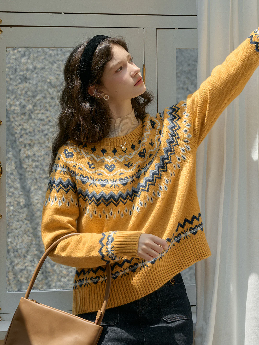 Rib Crew Neck  Exclusive Design Jacquard Fair Isle Sweater