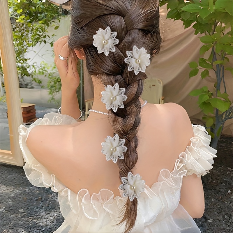 5pcs\u002Fset Elegant White Lace Flower Hair Clips with Accents, Floral Design for Women, Perfect for Weddings and Formal Events, High-Quality Polyester Fabric, Year-Round Wear, Bridal Hair Accessories