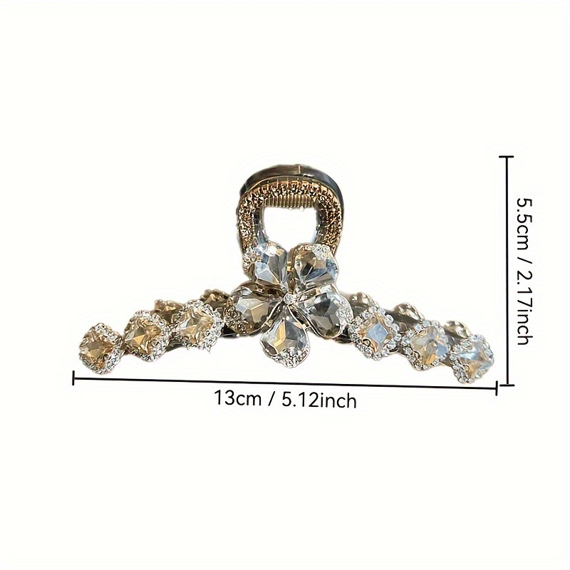 Print Large Rhinestone Flower Hair Claw - Women's Golden-Tone Acrylic Shark Clip, Fashionable Bun Accessory with Vibrant Gemstone Embellishments