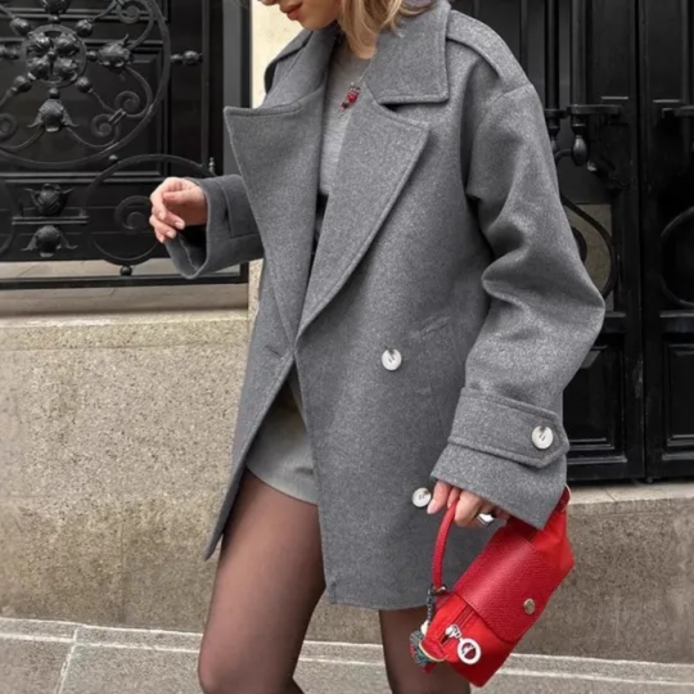 Grey Woolen Suit Jacket Autumn Elegant Loose Mid Length Coat Women's Clothing